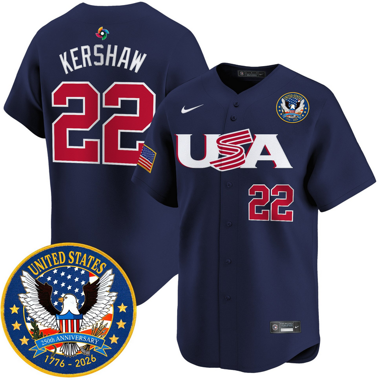 Men Team USA World Baseball Classic 250th Anniversary #22 Kershaw Navy blue 2026 Roster Patch Vapor Jersey->los angeles dodgers->MLB Jersey